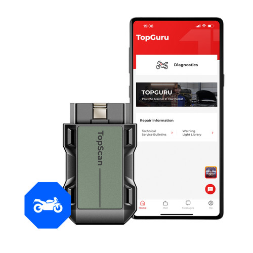 TopScan Moto Bluetooth motorcycle diagnostic tool with bi-directional controls.