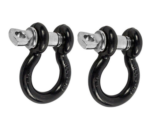 Two black metal hooks are displayed on a white background, representing a BulletProof 5/8" channel shackle for safety chains.