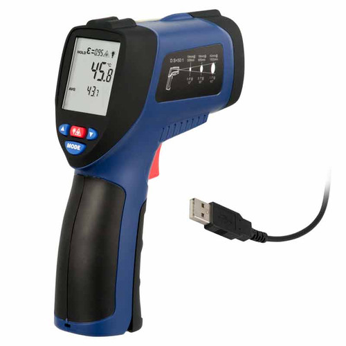 PCE Instruments Infrared Thermometer with USB Connectivity in white background, Display of PCE Instruments Infrared Thermometer with USB Connectivity, Detailed view of PCE Instruments Infrared Thermometer with USB Connectivity, PCE Instruments Infrared Thermometer with USB Connectivity in use, PCE Instruments Infrared Thermometer with USB Connectivity inside its case