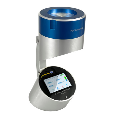PCE Instruments Microbial Air Sampler in white background, PCE Instruments Microbial Air Sampler with calibration adapter, Close-up of PCE Instruments Microbial Air Sampler, PCE Instruments Microbial Air Sampler in use, PCE Instruments Microbial Air Sampler inside its case