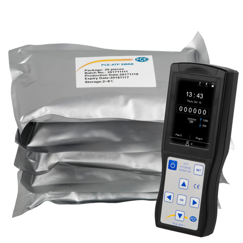 PCE Instruments Food Hygiene ATP Testing Meter with 100 Swabs in white background, Detailed view of PCE Instruments Food Hygiene ATP Testing Meter with 100 Swabs, Display of PCE Instruments Food Hygiene ATP Testing Meter with 100 Swabs, PCE Instruments Food Hygiene ATP Testing Meter with 100 Swabs in use