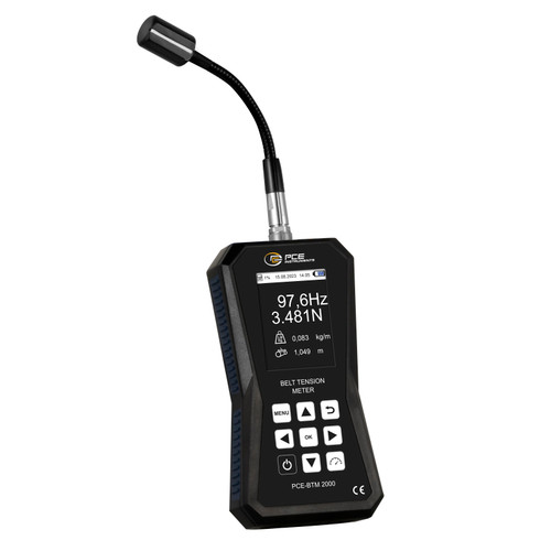 Front view of PCE Instruments Digital Belt Tension Meter, PCE Instruments Digital Belt Tension Meter inside its case, Sensor of PCE Instruments Digital Belt Tension Meter, PCE Instruments Digital Belt Tension Meter in white background, Close-up of PCE Instruments Digital Belt Tension Meter