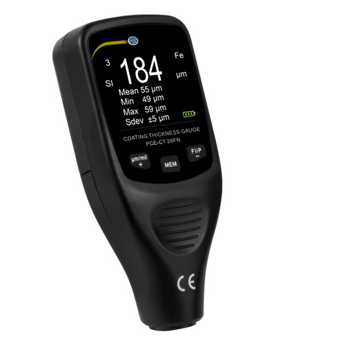 PCE Instruments PCE-CT 26FN Coating Thickness Gauge in White Background, PCE Instruments PCE-CT 26FN Coating Thickness Gauge's Display, Back Side of the PCE Instruments PCE-CT 26FN Coating Thickness Gauge, PCE Instruments PCE-CT 26FN Coating Thickness Gauge Application, PCE Instruments PCE-CT 26FN Coating Thickness Gauge Being Used, PCE Instruments PCE-CT 26FN Coating Thickness Gauge Close Up Display