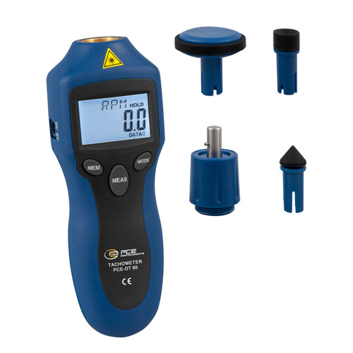 Front view of PCE Instruments Handheld Tachometer, Attachments of PCE Instruments Handheld Tachometer, PCE Instruments Handheld Tachometer in Use, PCE Instruments Handheld Tachometer Being Used, Belt bag of PCE Instruments Handheld Tachometer