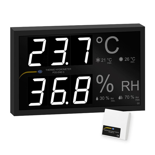 Air Humidity Meter PCE-EMD 5 in White Background,  Thermometer PCE-EMD 10 in White Background, Air Humidity Meter PCE-EMD 5's Display, Air Humidity Meter PCE-EMD 5 Rear View, Air Humidity Meter PCE-EMD 5's Wirings, Thermometer PCE-EMD 10's Display, Thermometer PCE-EMD 10 Rear Side, Thermometer PCE-EMD 10's Wirings