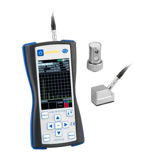 Front view of PCE Instruments Ultrasonic Flaw Detector, PCE Instruments Ultrasonic Flaw Detector in White Background, Back view of PCE Instruments Ultrasonic Flaw Detector