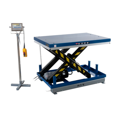 PCE Instruments PCE-HLTS 2T Hydraulic Lifting Table Scale in White Background, PCE Instruments PCE-HLTS 2T Hydraulic Lifting Table Scale Control Unit, PCE Instruments PCE-HLTS 2T Hydraulic Lifting Table Scale in Use, PCE Instruments PCE-HLTS 2T Hydraulic Lifting Table Scale's Display, PCE Instruments PCE-HLTS 2T Hydraulic Lifting Table Scale Double Piston