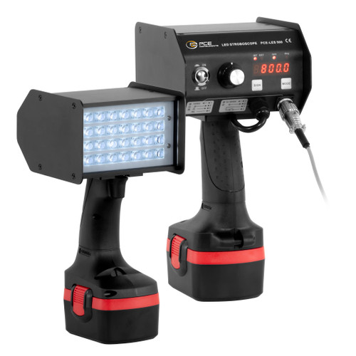 Detailed view of PCE Instruments Stroboscope Light PCELES500, Light Sensor of PCE Instruments Stroboscope Light PCELES500, Rechargeable Battery of PCE Instruments Stroboscope Light PCELES500, Display of PCE Instruments Stroboscope Light PCELES500, Complete Set of PCE Instruments Stroboscope Light PCELES500