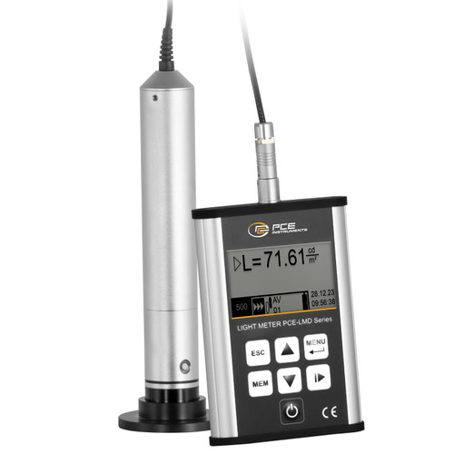 Detailed view of PCE Instruments Luxmeter with External Sensor PCELMD100, External Sensor of PCE Instruments Luxmeter PCELMD100, PCE Instruments Luxmeter with External Sensor PCELMD100 inside its case, Close-up of PCE Instruments Luxmeter with External Sensor PCELMD100, Ports of PCE Instruments Luxmeter with External Sensor PCELMD100