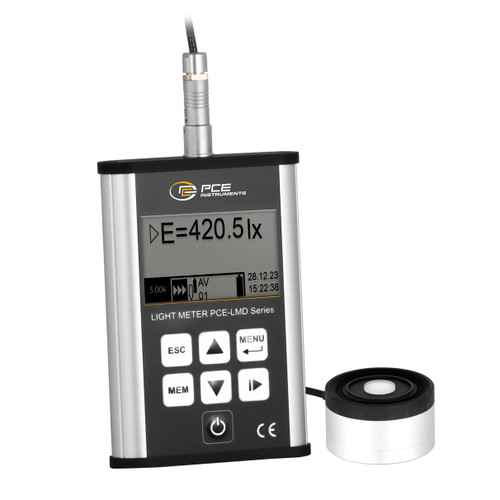 Front view of PCE Instruments Environmental Meter PCELMD200, Sensor of PCE Instruments Environmental Meter PCELMD200, PCE Instruments Environmental Meter PCELMD200 inside its case, Close-up of PCE Instruments Environmental Meter PCELMD200