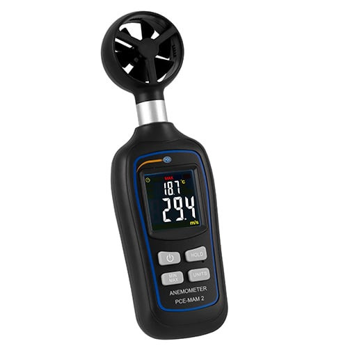 PCE Instruments PCE-MAM 2 Air Flow Meter in White Background, PCE Instruments PCE-MAM 2 Air Flow Meter in Use, PCE Instruments PCE-MAM 2 Air Flow Meter Sample Reading, PCE Instruments PCE-MAM 2 Air Flow Meter Detailed View