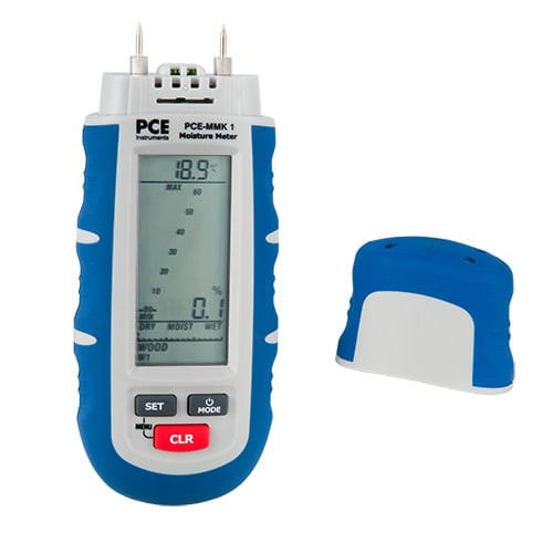 Front view of PCE Instruments Paper Moisture Meter, Components of PCE Instruments Paper Moisture Meter, Carrying Case of PCE Instruments Paper Moisture Meter