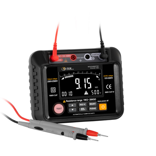 PCE Instruments 2.5KV Insulation Resistance Tester in White Background, Front view of PCE Instruments 2.5KV Insulation Resistance Tester, Close up view of PCE Instruments 2.5KV Insulation Resistance Tester, Component of PCE Instruments 2.5KV Insulation Resistance Tester, Inclusions of PCE Instruments 2.5KV Insulation Resistance Tester