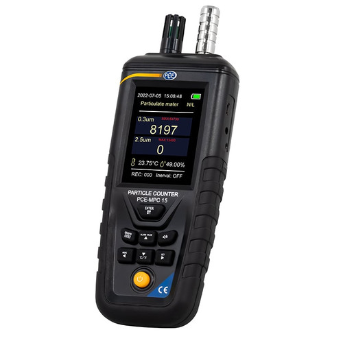 PCE Instruments PCE-MPC 15 Particle Counter in White Background, Front View of the PCE Instruments PCE-MPC 15 Particle Counter, PCE Instruments PCE-MPC 15 Particle Counter Rear View, PCE Instruments PCE-MPC 15 Particle Counter's Ports, PCE Instruments PCE-MPC 15 Particle Counter Sensors, PCE Instruments PCE-MPC 15 Particle Counter's Tripod