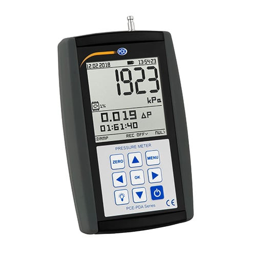 Front view of PCE Instruments Digital Manometer PCEPDA1000L, Display of PCE Instruments Digital Manometer PCEPDA1000L, PCE Instruments Digital Manometer PCEPDA1000L in white background, PCE Instruments Digital Manometer PCEPDA1000L in use