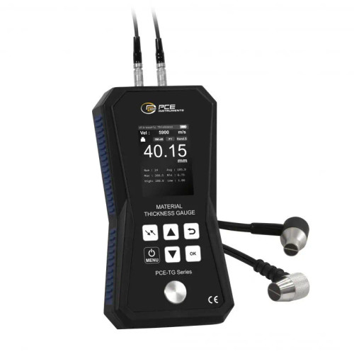 Front view of PCE Instruments Thickness Meter PCETG150A, Battery Compartment of PCE Instruments Thickness Meter PCETG150A, PCE Instruments Thickness Meter PCETG150A inside its pouch, PCE Instruments Thickness Meter PCETG150A sensor 5M6d, PCE Instruments Thickness Meter PCETG150A sensor 5M10d
