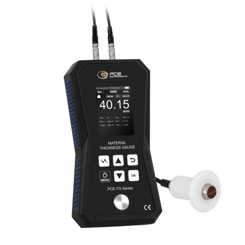 PCE Instruments Thickness Meter PCETG150AHT in white background, PCE Instruments Thickness Meter PCETG150AHT Sensor, Battery Compartment of PCE Instruments Thickness Meter PCETG150AHT, PCE Instruments Thickness Meter PCETG150AHT inside its pouch, Detailed view of PCE Instruments Thickness Meter PCETG150AHT