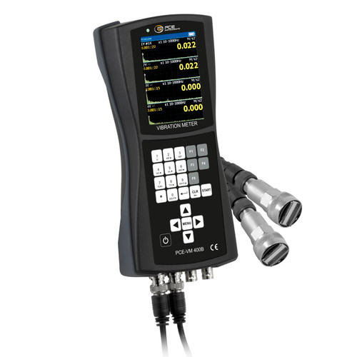 Front view of PCE Instruments Vibration Meter PCEVM400B, Connections of PCE Instruments Vibration Meter PCEVM400B, Sensor of PCE Instruments Vibration Meter PCEVM400B, Sensor holder of PCE Instruments Vibration Meter PCEVM400B, PCE Instruments Vibration Meter PCEVM400B in use