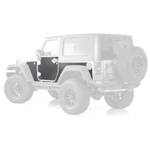 Jeep in black and white, equipped with Smittybilt MagArmor Magnetic Trail Skins for 07-18 Wrangler JK 2-Door models.