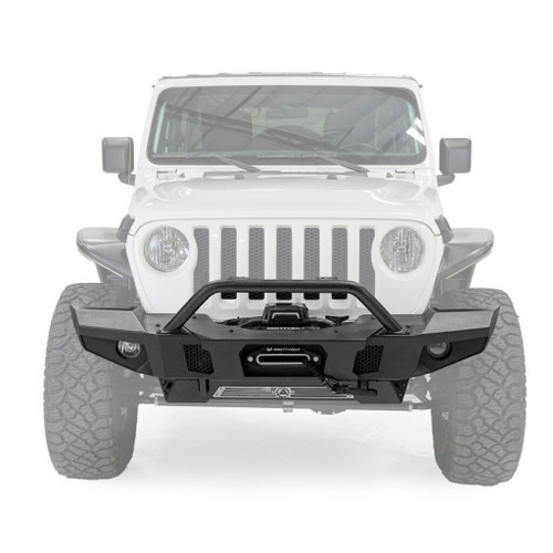 White Jeep equipped with a Smittybilt Atlas front bumper, tailored for the 2018 Wrangler JL, available in 2-door and 4-door.