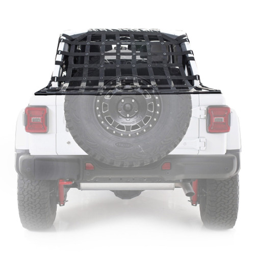 Rear angle of a white Jeep with a black net, highlights the Smittybilt Cargo Restraint System designed for Wrangler JL.