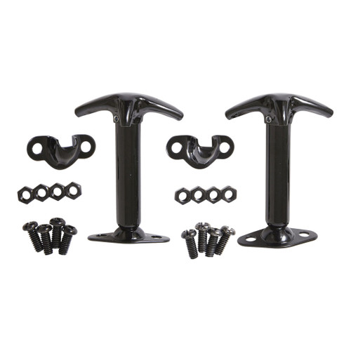 Two black metal brackets and screws designed for the Smittybilt 4195 CJ & Wrangler (YJ) Hood Catch Kit.