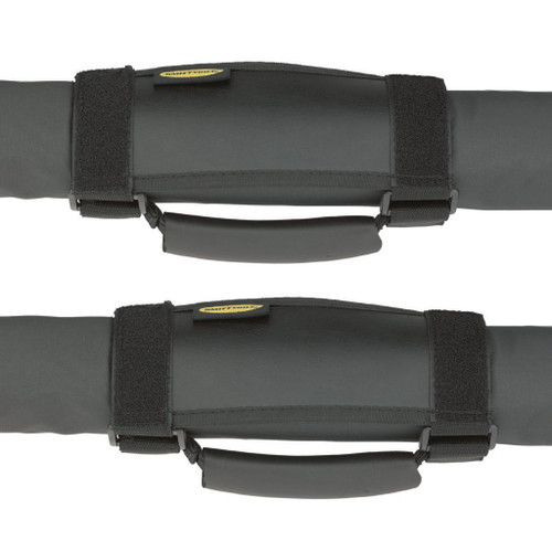 Two durable black straps featuring a yellow logo, known as the Smittybilt Grab Handle Deluxe Pair, enhance handling.