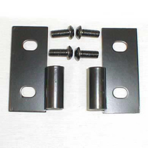 Black metal brackets with screws and nuts designed for Smittybilt CJ & Wrangler (YJ/TJ/LJ) lower door hinges.