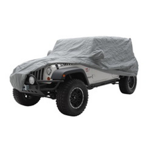 Smittybilt gray cover fits 07-18 Wrangler JK 2-Door, includes lock and cable for enhanced security and fit.