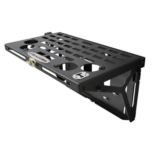 A metal shelf in black designed for Smittybilt Tailgate Table, suitable for Jeep Wrangler 07-18.