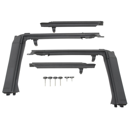 Four black plastic car parts featuring Smittybilt OE style door surrounds and six knobs for 07-18 Wrangler JK 4DR vehicles.