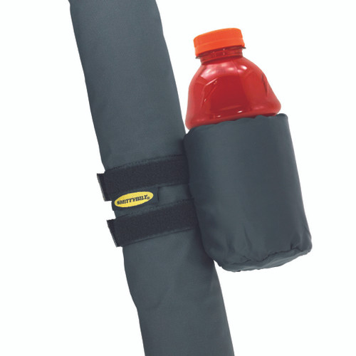 A bottle held in a black Smittybilt roll bar mount drink holder, designed for convenience and stability.