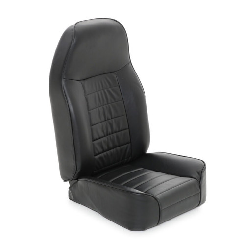 Smittybilt black leather front bucket seat featuring an upright backrest, ideal for CJ & Wrangler models.