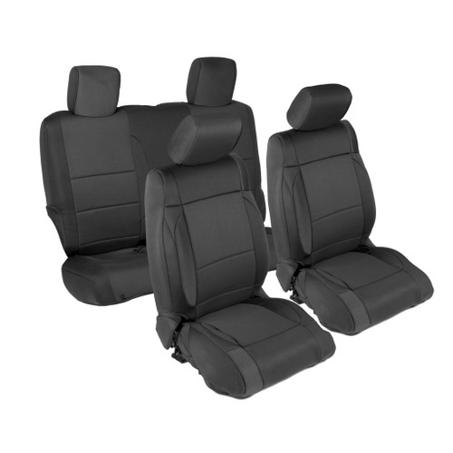 Durable black Neoprene seat covers with headrests by Smittybilt for the 2013-2018 Jeep Wrangler JK 2-Door, providing both style and comfort.