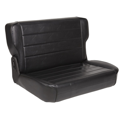Sleek black rear fold-and-tumble seat for CJ and Wrangler YJ, designed by Smittybilt.