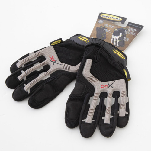A pair of black and grey Smittybilt Trail Gloves XL, featuring knuckle protection and a padded palm, with an attached tag.