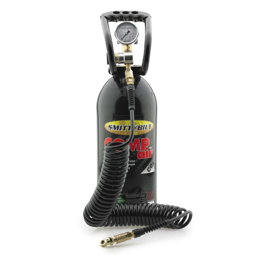 Black Smittybilt Compact Air CO2 System with hose and fittings, designed for efficient air compression and portability.
