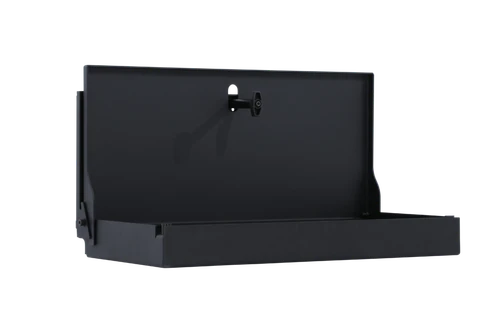 Smittybilt 18C Wrangler Tailgate Table showcases a black metal box for easy attachment and storage.