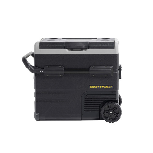 Smittybilt Waypoint 55L cooler in black and gray, designed with wheels for enhanced portability.