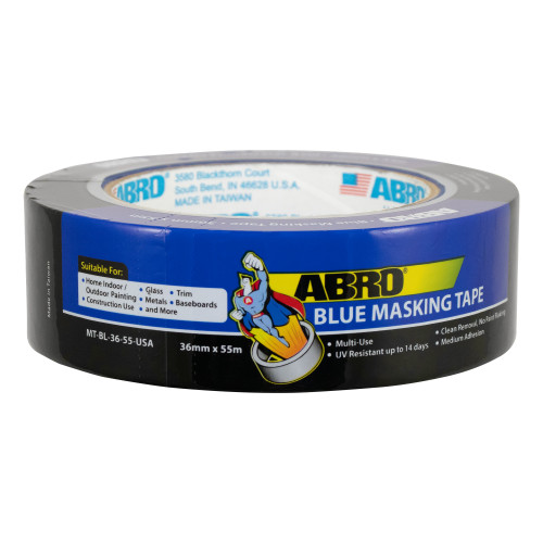 Masking tape, multi-purpose, blue, 36mm x 55m, ABRO MT-BL-36-55-USA, strong adhesion for painting and surface protection.