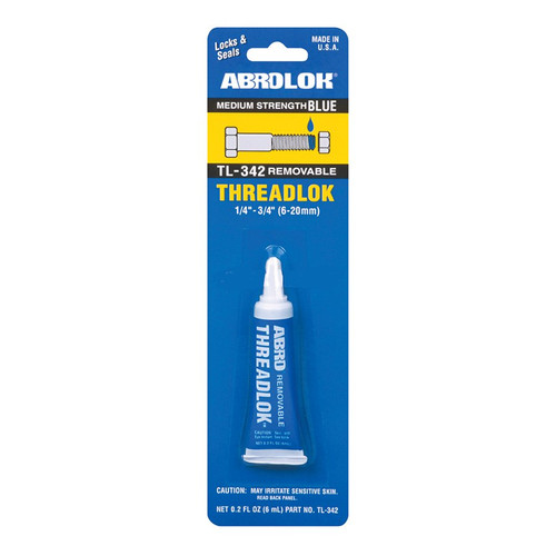 Medium-strength blue threadlocker, ABRO TL-342, designed for removable fastening and vibration resistance in automotive and industrial applications.