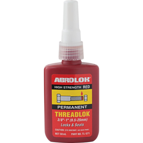 High-strength red threadlocker, ABRO TL-571, 50ml, provides a secure and permanent bond for heavy-duty fasteners in automotive and industrial applications.