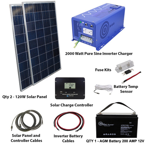 Aims Power 240 Watt Solar With 2000 Watt Pure Sine Inverter Charger Kit Off Grid (KITB-2K12120-A1)