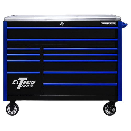 Extreme Tools 55In W X 30In D 11-Drawer Professional Roller Cabinet 300Lbs Slides Black W Blue Drawer (EX5511RCQBKBL)