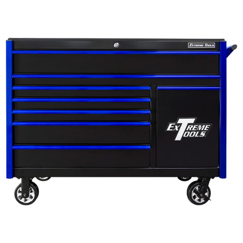 Extreme Tools 55In W X 25In D 8 Drawer Roller Cabinet With Power Tool Drawer - Black With Blue Drawer (DX552508RCBKBL)