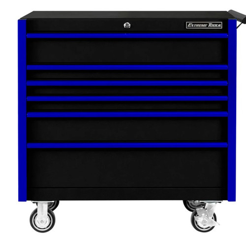 Extreme Tools 41In W X 25In D 6 Drawer Roller Cabinet 100 Lbs Slides Black With Blue Drawer Pulls (DX412506RCBKBL)