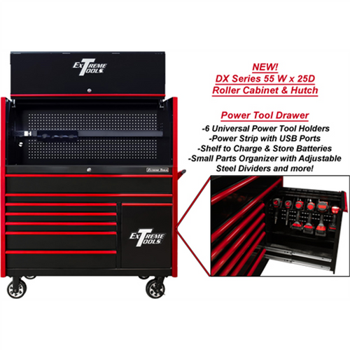 Extreme Tools 55In W X 25In D Extreme Power Workstation Hutch And 8-Drawer Roller Cabinet With Red Drawer (DX5509HRKR)