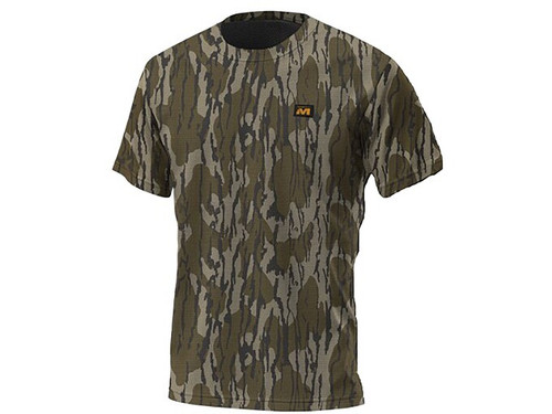 A Camo t-shirt in Mossy Oak Bottomland and Veil Canyon Grey with a logo on the chest, made from a lightweight cotton blend. Available in sizes small to 3XL.