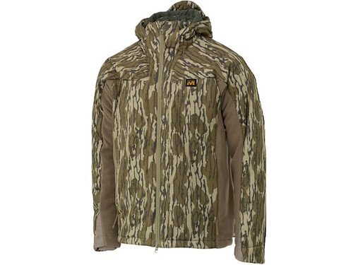 Muddy DV8 Enduro Jacket in camouflage with a hood, available in Mossy Oak Bottomland and Veil Canyon Grey, sizes small to 3XL.