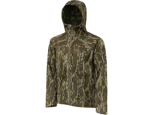 A camouflage hoodie jacket featuring Muddy DV8 Cyclone 3L Rain Gear in Mossy Oak Bottomland and Veil Canyon Grey. Available in sizes small to 3XL.